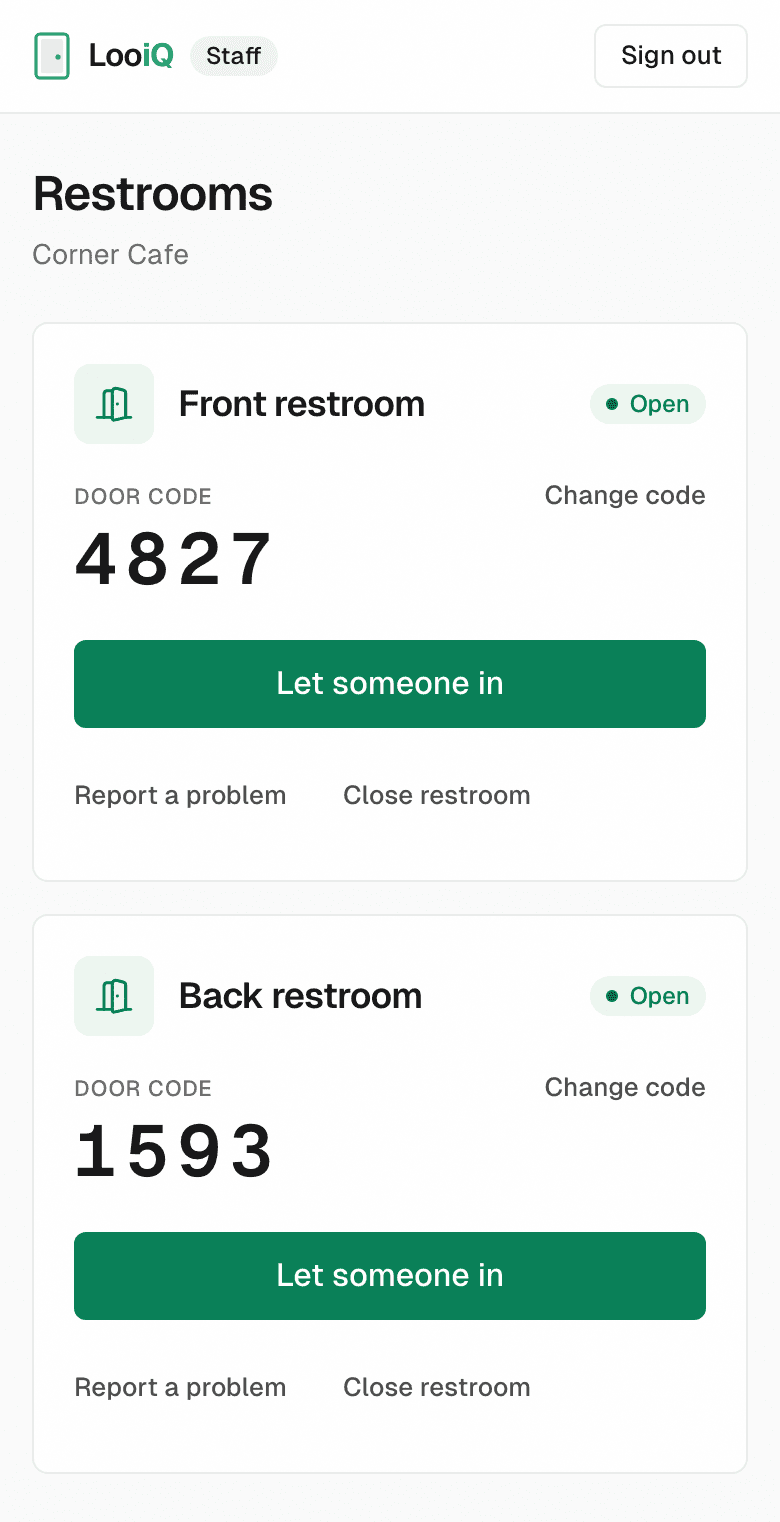 The staff panel on a phone: each restroom with its door code and a Change code link