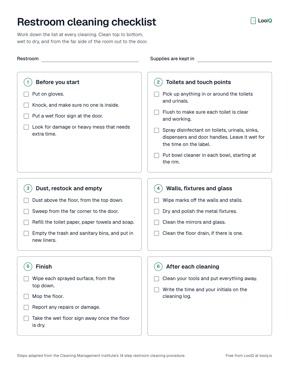 The free restroom cleaning checklist: six numbered boxes of steps with checkboxes, from putting on gloves to writing the time on the cleaning log