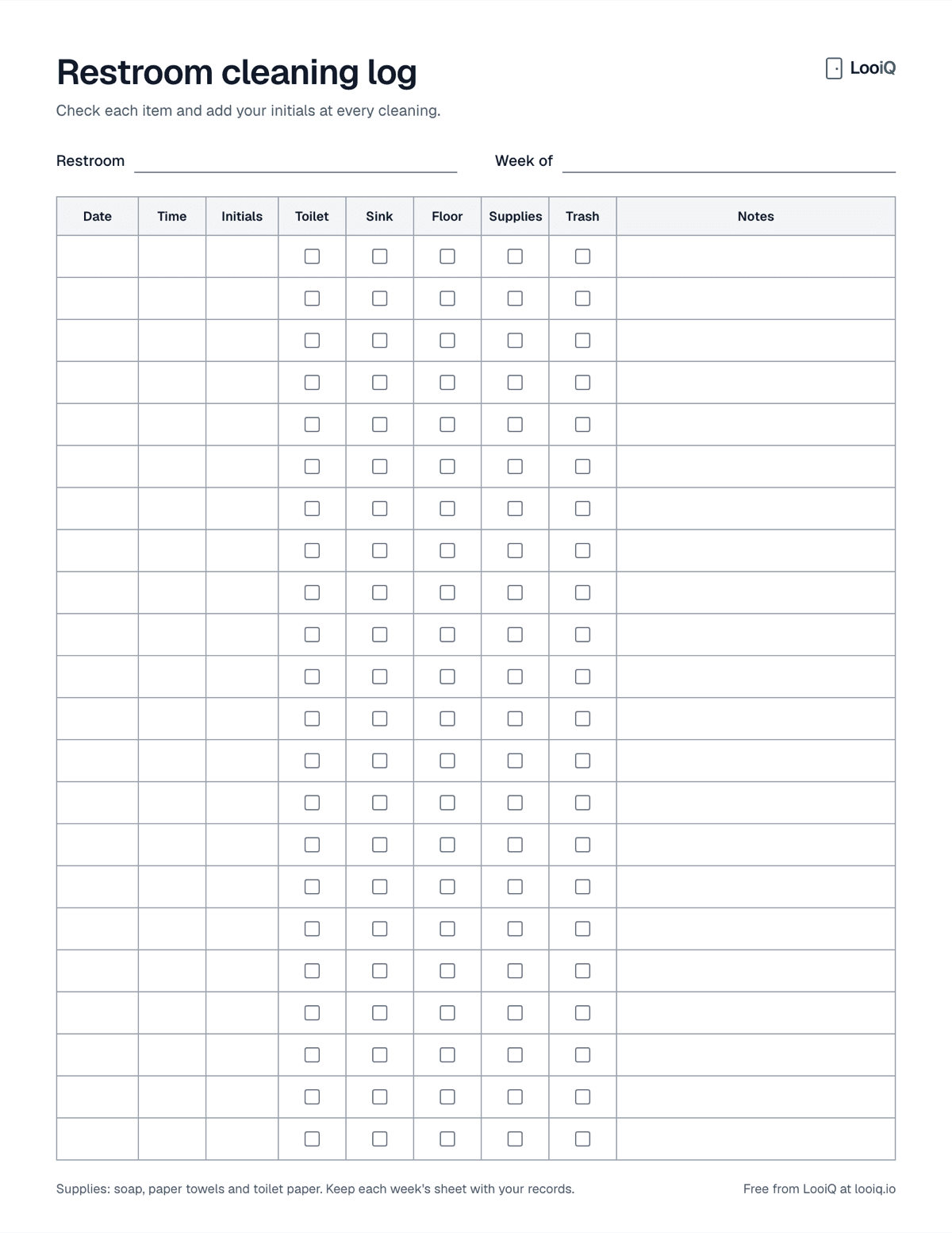 The free restroom cleaning log: a table with date, time, initials, five checkboxes and notes
